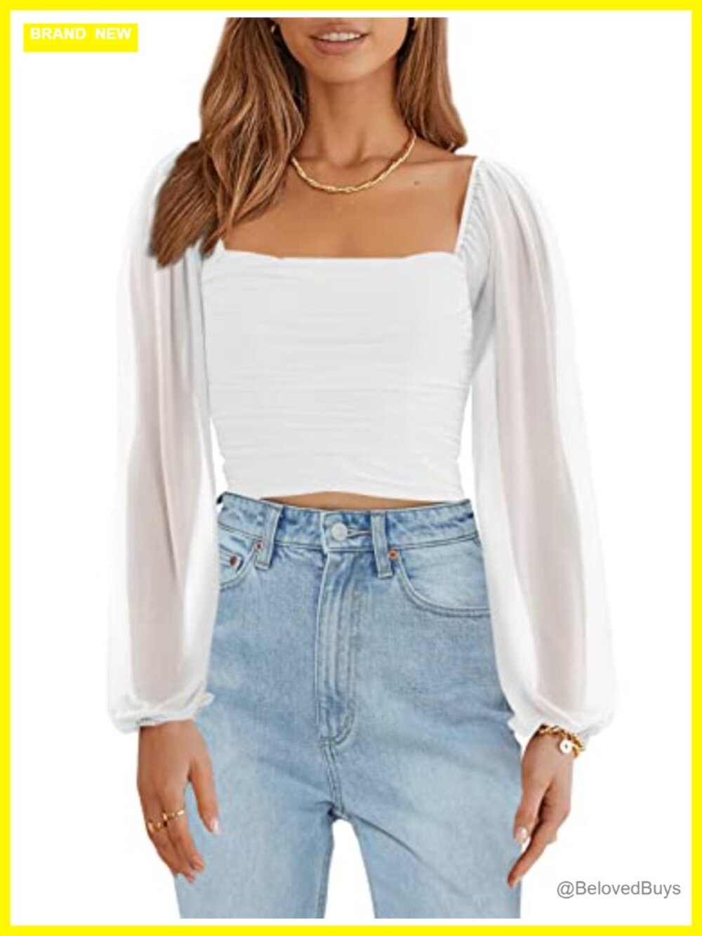 Womens Mesh Long Sleeve Cropped Top Square Neck Puff Sleeve Blouse